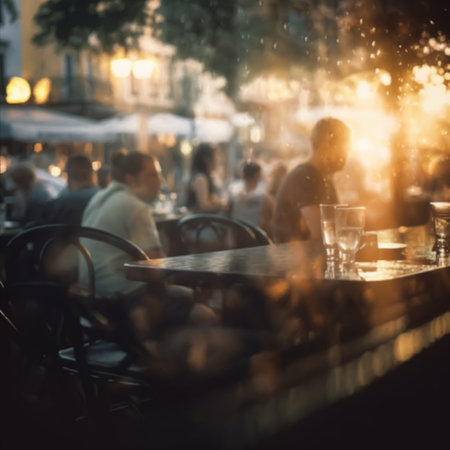Blurred image of a street cafe or bav in the light of evening lights. People sit at the tables of a street cafe in summer.の素材
