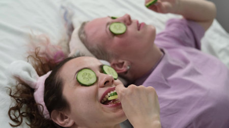 Two girlfriends are relaxing at home in the bedroom and making a face mask. Cheerful rest of two...
