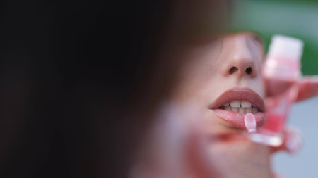 Close-up portrait of a beautiful woman who paints her lips with lipstick outdoors, looking into a pocket mirror. She makes a sexy face.の写真素材