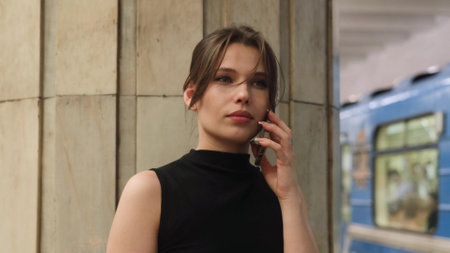 A beautiful brunette talks on the phone while waiting for her train at the metro station.の写真素材
