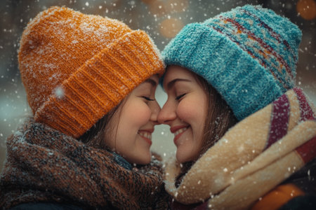 Two women standing very close to each other, looking at each others faces, hugging, laughing. Female friendship. Portrait of two women outdoors in winterの素材