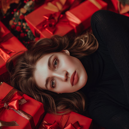 Portrait of a woman lying among beautifully wrapped gifts. Image in red tonesの素材