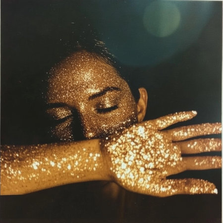 The womans face is covered with sequinsの写真素材