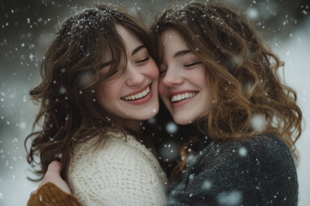 Two women standing very close to each other, looking at each others faces, hugging, laughing. Female friendship. Portrait of two women outdoors in winterの素材