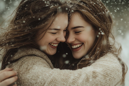 Two women standing very close to each other, looking at each others faces, hugging, laughing. Female friendship. Portrait of two women outdoors in winterの素材