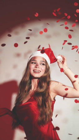 Happy woman with long hair in New Years hat and red dress posing on white background at New Years...