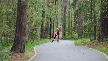 Blonde feels free and light while rollerblading in city park in summer. Woman with beautiful figure...