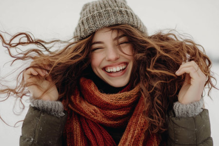 Portrait of a happy woman in warm winter clothes. She is laughing. The wind is blowing the womans hair.の素材