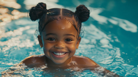 Cute preschooler girl bathing in the pool, learning to swimの素材