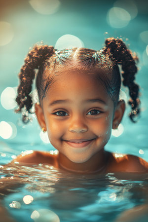 Cute preschooler girl bathing in the pool, learning to swimの素材