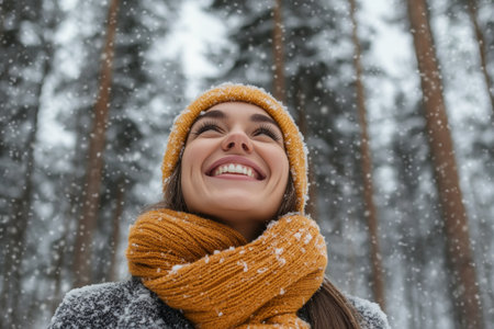 Beautiful sweet girl smiling, standing in winter forest or snowy park. She has happy relaxed face. Woman enjoying walk, breathing fresh frosty airの素材