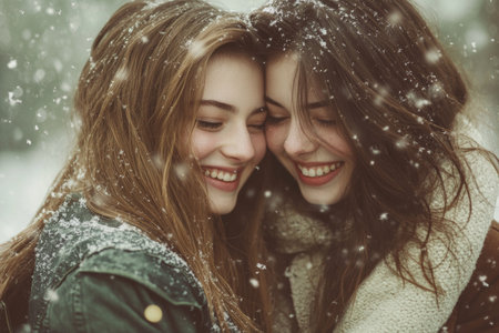 Two women standing very close to each other, looking at each others faces, hugging, laughing. Female friendship. Portrait of two women outdoors in winterの素材