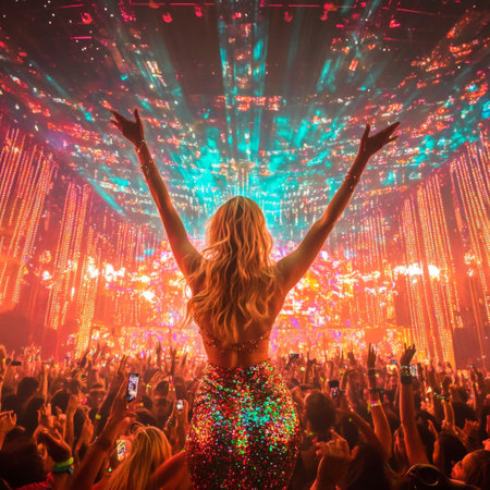 The singer with long hair and a beautiful figure stands with her back to the camera. She greets the crowd of fans while standing on stage.の素材