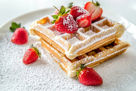 Hot fresh Belgian waffles are prepared for breakfast. The waffles are decorated with strawberries and powdered sugarの素材