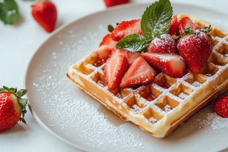 Hot fresh Belgian waffles are prepared for breakfast. The waffles are decorated with strawberries and powdered sugarの素材