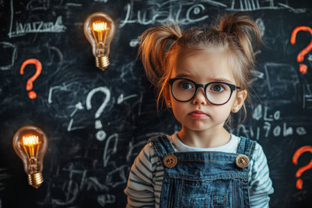 A little girl in glasses stands near a school board with a confused expression on her face. Light bulbs and question marks are drawn on the board with chalk.の素材