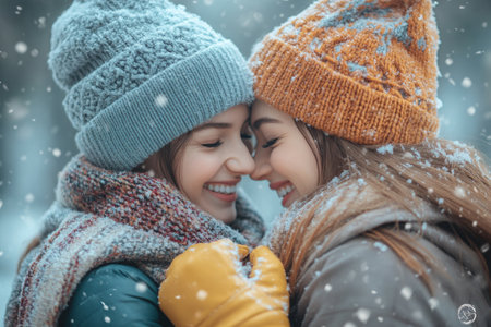 Two women standing very close to each other, looking at each others faces, hugging, laughing. Female friendship. Portrait of two women outdoors in winterの素材