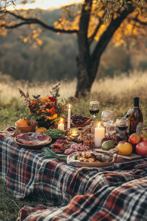 A very beautifully set table in nature, in a cozy autumn garden.の素材