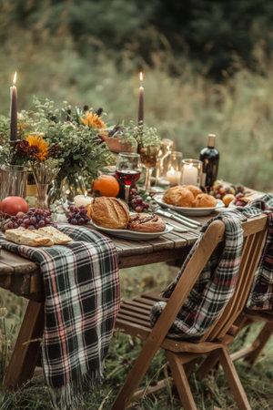A very beautifully set table in nature, in a cozy autumn garden.の素材