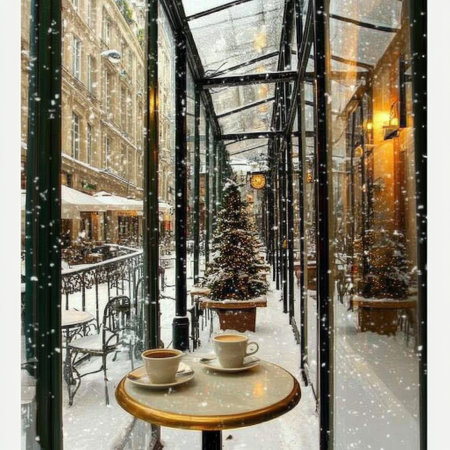 A table in an outdoor cafÃ© in winter. Snow-covered cityの素材