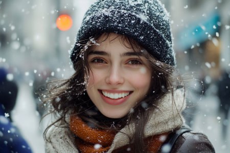 A beautiful sweet girl stands on a city street in winter. It is snowing outside.の素材