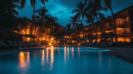 Tropical resort pool at nightの素材