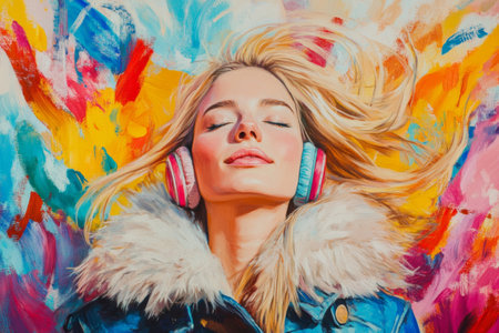 Beautiful woman in warm outerwear enjoying music on wireless headphones in cold weatherの素材