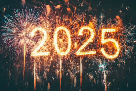 2025. Happy New Year. Fireworks and sparks against the night sky with the numbers of the coming 2025の素材