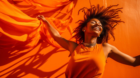 Cheerful woman with dreadlocks laughing over isolated red or orange color backgroundの素材