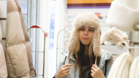 Teenage girl choosing a winter hat near a mirror in a storeの写真素材