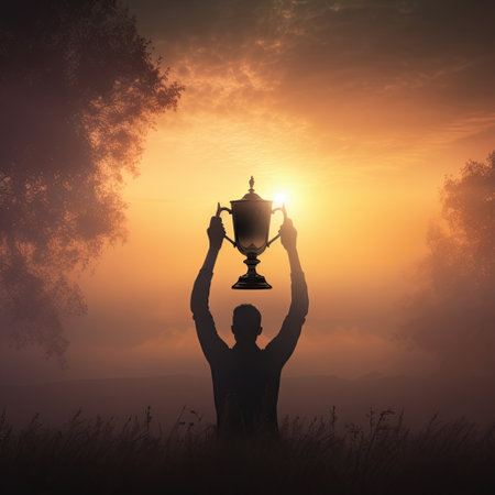 A successful person stands and holds a golden cup in his handsの写真素材