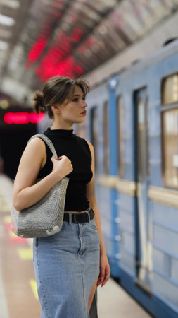 Beautiful brunette stands at the metro station waiting for the train to arriveの写真素材