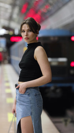 Beautiful brunette stands at the metro station waiting for the train to arriveの写真素材