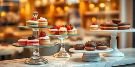 Glass display case with cakes in a confectionery storeの素材
