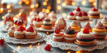 Glass display case with cakes in a confectionery storeの素材