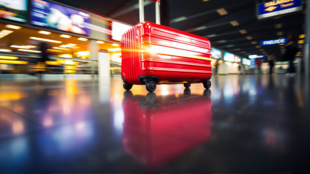 Red suitcase in the airport buildingの素材