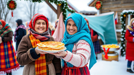 Women are dressed in traditional winter clothes. Women are smiling happily, holding plates of hot cakes in their handsの素材