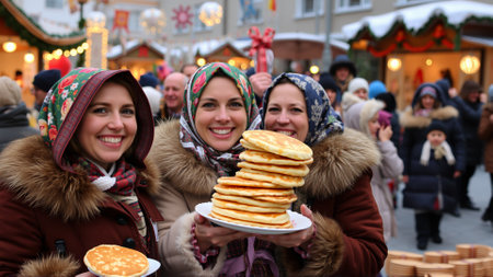 Women are dressed in traditional winter clothes. Women are smiling happily, holding plates of hot cakes in their handsの素材
