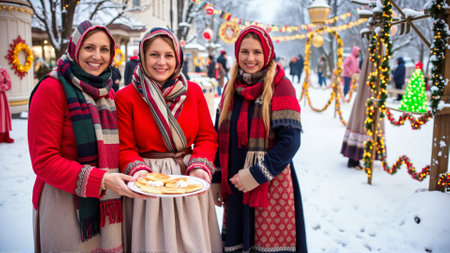 Women are dressed in traditional winter clothes. Women are smiling happily, holding plates of hot cakes in their handsの素材