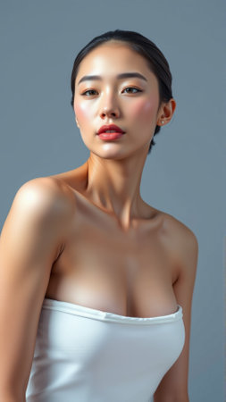 Portrait of beautiful asian woman on isolated grey backgroundの素材