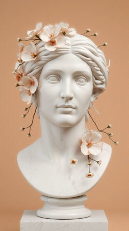 Stone statue covered with spring flowers on isolated backgroundの素材