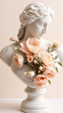 Stone statue covered with spring flowers on isolated backgroundの素材