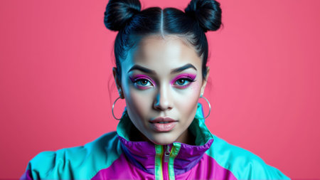 Young girl with bright face makeup on pink background. Girl dressed in a vintage sports windbreakerの素材