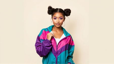 Young girl with bright face makeup on pink background. Girl dressed in a vintage sports windbreakerの素材