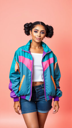 Young girl with bright face makeup on pink background. Girl dressed in a vintage sports windbreakerの素材
