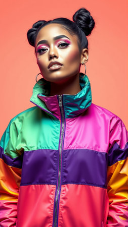 Young girl with bright face makeup on pink background. Girl dressed in a vintage sports windbreakerの素材