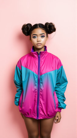 Young girl with bright face makeup on pink background. Girl dressed in a vintage sports windbreakerの素材