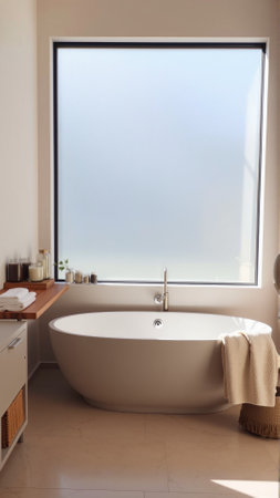 Scandinavian style bathroom interior in light colors. The bathtub is located near the windowの素材