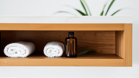 Spa treatment set, wooden shelf with neatly folded towels and dispensers for soap, cream, massage oilの素材