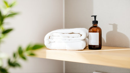 Spa treatment set, wooden shelf with neatly folded towels and dispensers for soap, cream, massage oilの素材